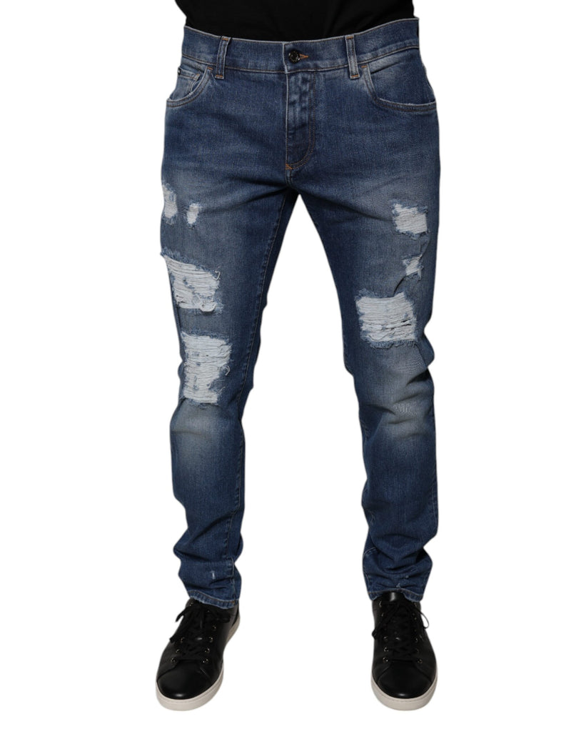 Blue Cotton Tattered Skinny Denim Jeans-Dolce & Gabbana-LabelTerrace.com