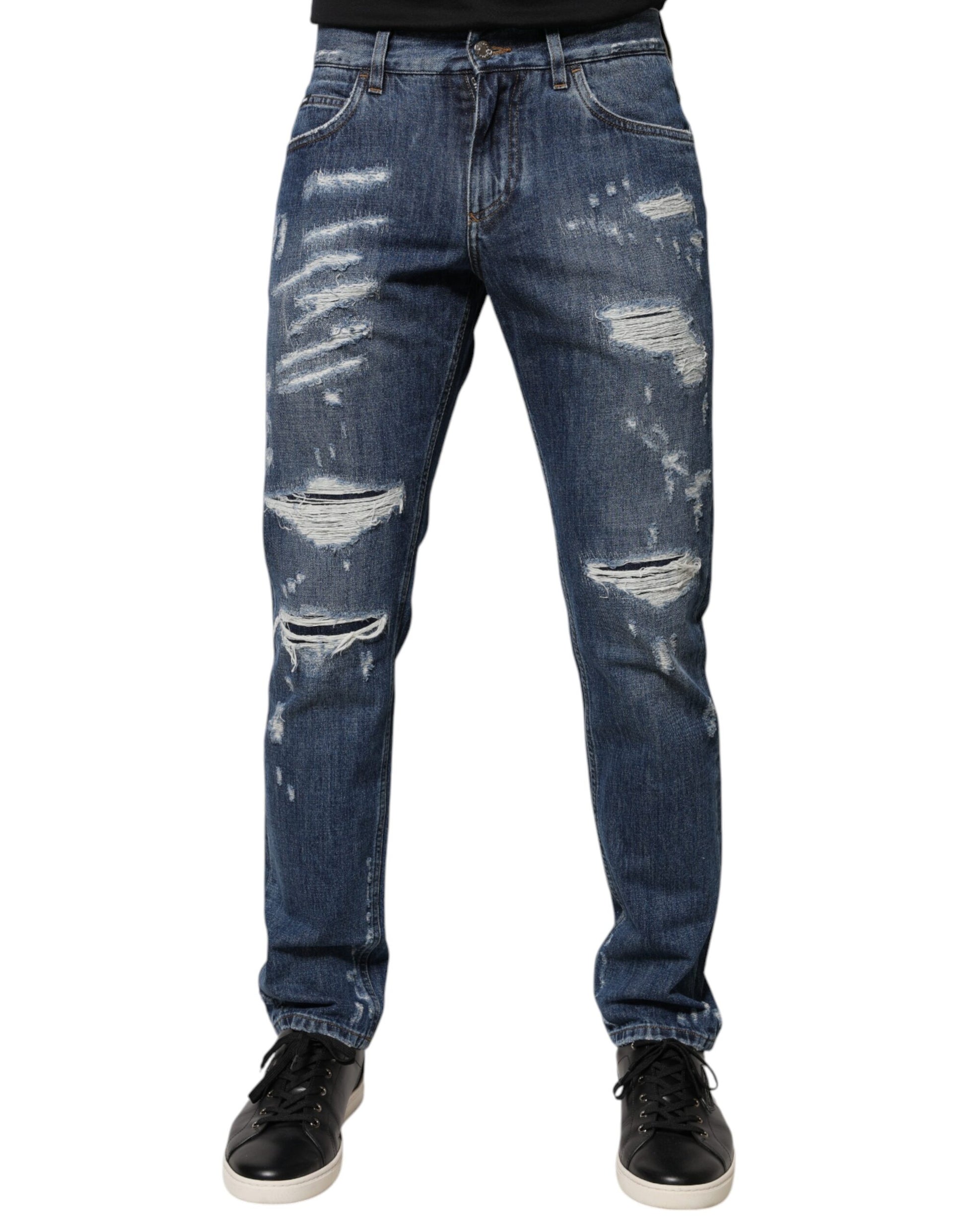 Blue Cotton Tattered Skinny Denim Jeans-Dolce & Gabbana-LabelTerrace.com