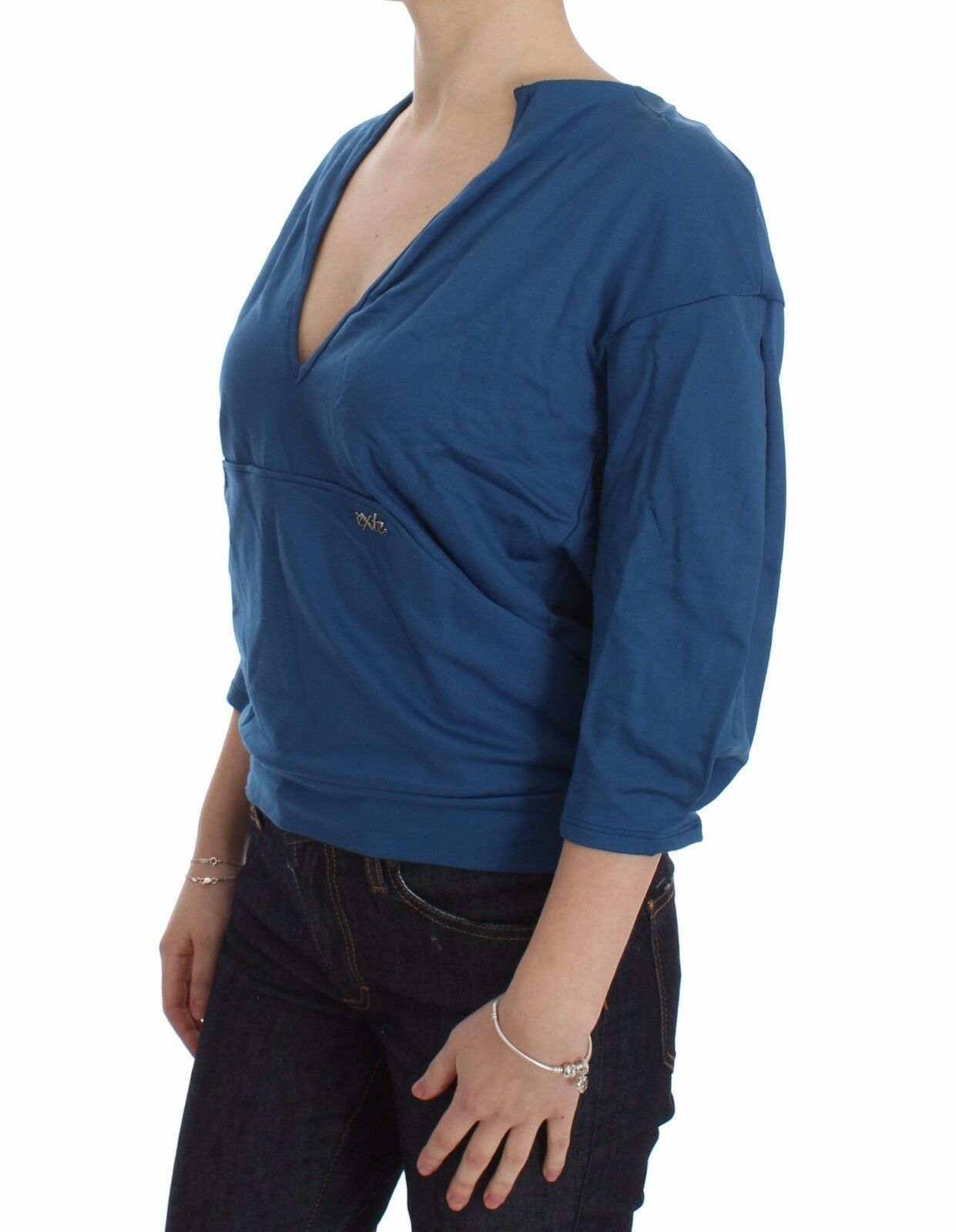 Blue Cotton Top Pullover Deep V-neck Women Sweater-Exte-LabelTerrace.com