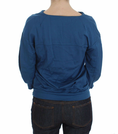 Blue Cotton Top Pullover Deep V-neck Women Sweater-Exte-LabelTerrace.com