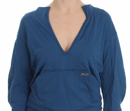 Blue Cotton Top Pullover Deep V-neck Women Sweater-Exte-LabelTerrace.com