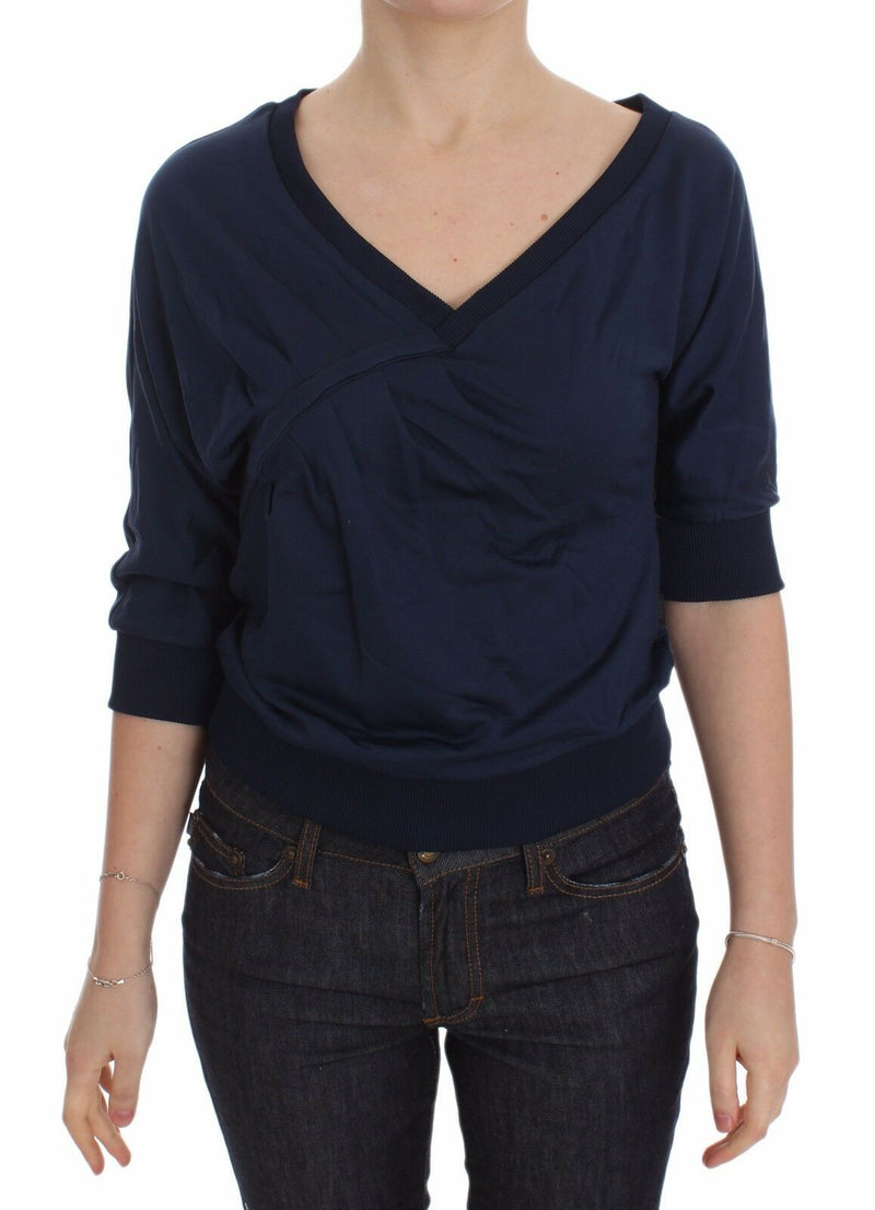Blue Cotton Top Pullover Deep V-neck Women Sweater-Exte-LabelTerrace.com