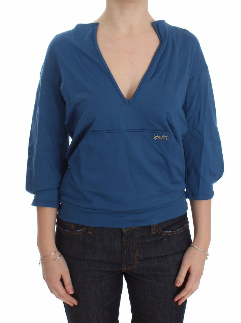 Blue Cotton Top Pullover Deep V-neck Women Sweater-Exte-LabelTerrace.com