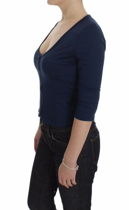 Blue Cotton Top Zipper Deep Crew-neck Sweater-Exte-LabelTerrace.com