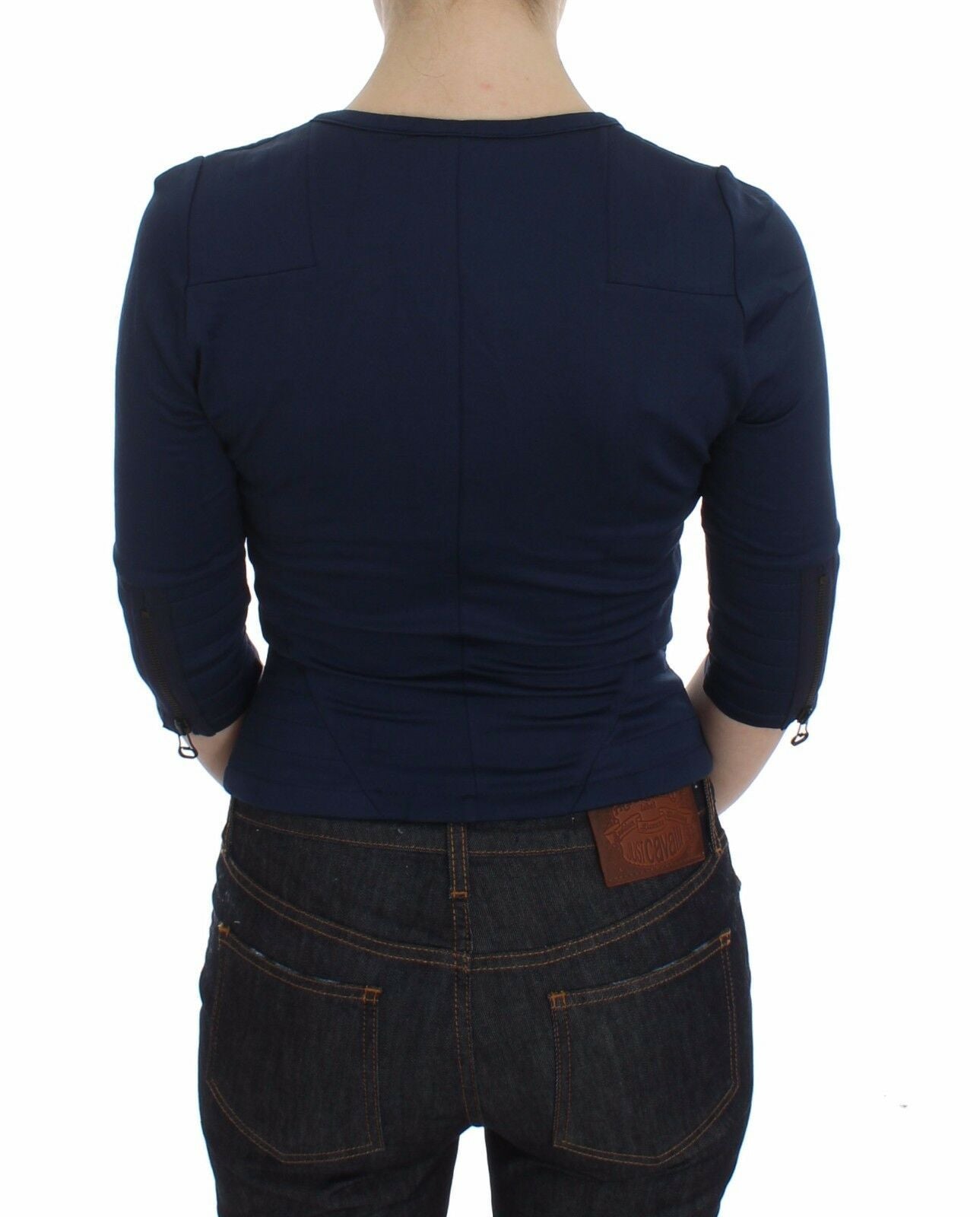 Blue Cotton Top Zipper Deep Crew-neck Sweater-Exte-LabelTerrace.com
