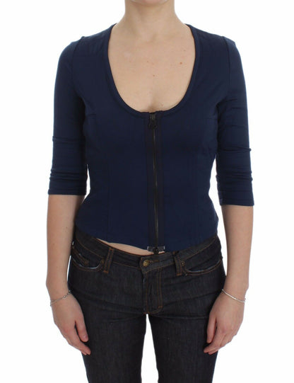 Blue Cotton Top Zipper Deep Crew-neck Sweater-Exte-LabelTerrace.com