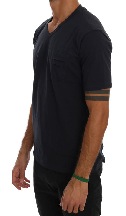 Blue Cotton V-neck T-Shirt-Daniele Alessandrini-LabelTerrace.com