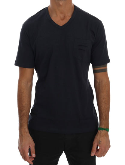 Blue Cotton V-neck T-Shirt-Daniele Alessandrini-LabelTerrace.com