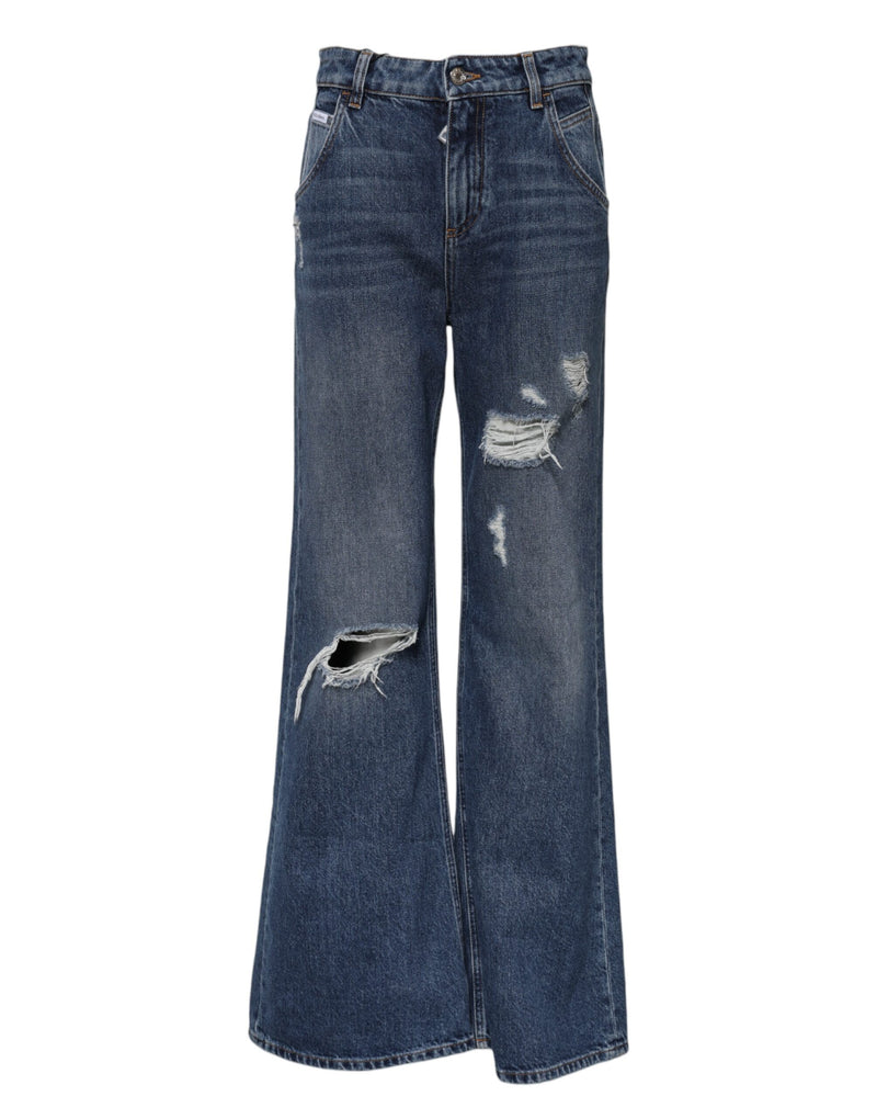 Blue Cotton Wide Leg Tattered Denim Jeans-Dolce & Gabbana-LabelTerrace.com