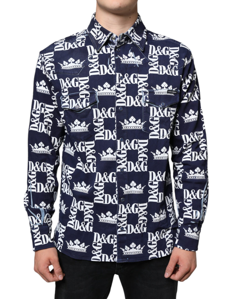 Blue Crown Logo Print Slim Fit Cotton Shirt-Dolce & Gabbana-LabelTerrace.com