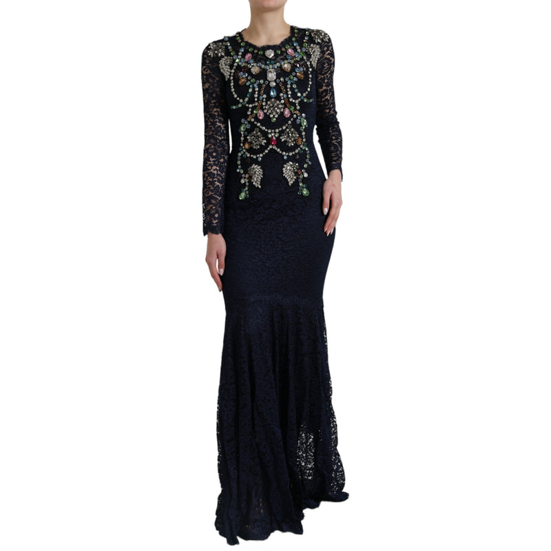 Blue Crystal Floral Lace Long Gown Dress-Dolce & Gabbana-LabelTerrace.com