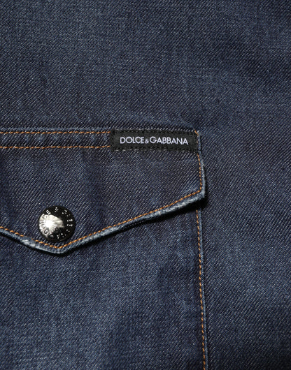 Blue Denim Button Casual Logo Patch Men Shirt