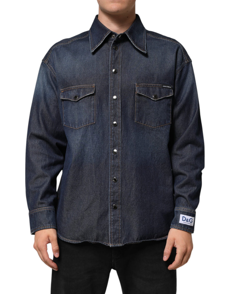 Blue Denim Button Casual Logo Patch Men Shirt-Dolce & Gabbana-LabelTerrace.com