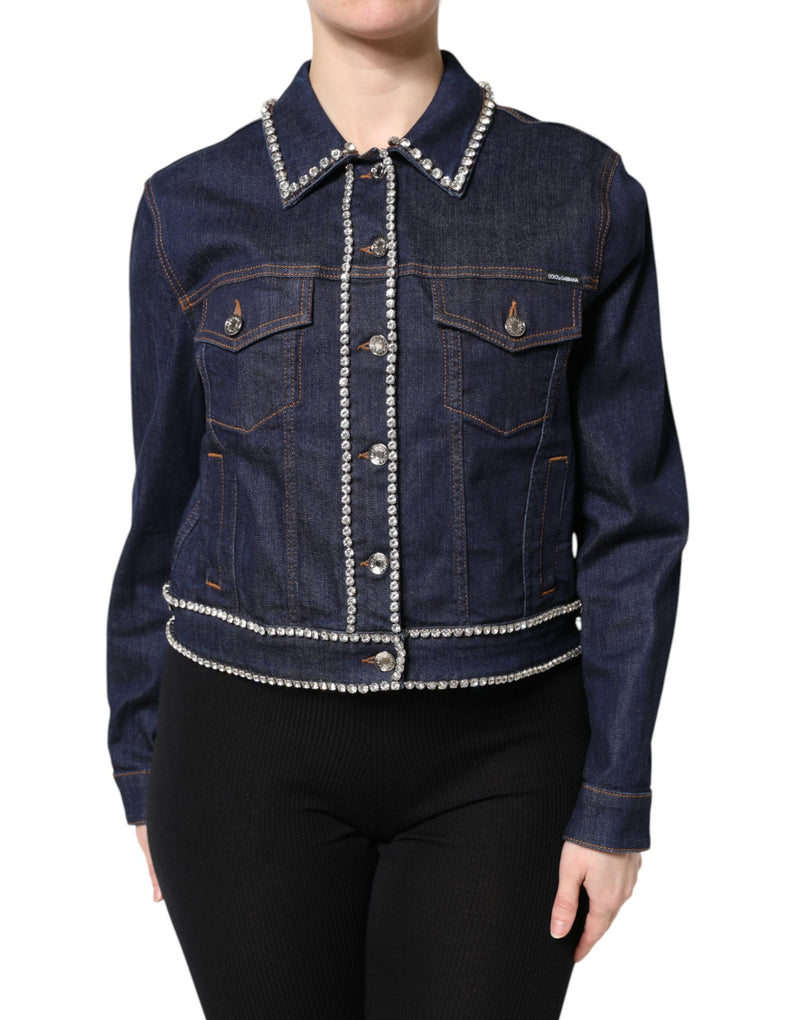 Blue Denim Cotton Crystal Embellished Jacket-Dolce & Gabbana-LabelTerrace.com