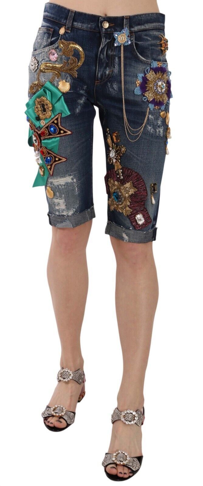 Blue Denim Mid Waist Crystal Capri Shorts-Dolce & Gabbana-LabelTerrace.com