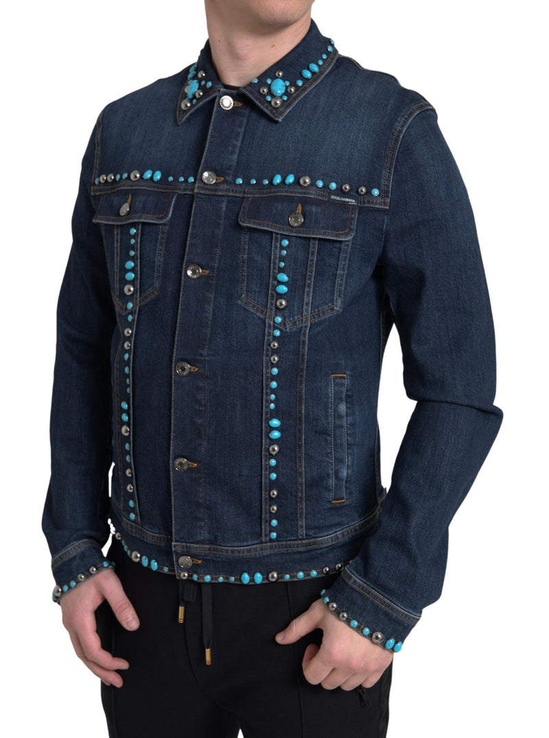 Blue Denim Turquoise Stones Studded Jacket-Dolce & Gabbana-LabelTerrace.com