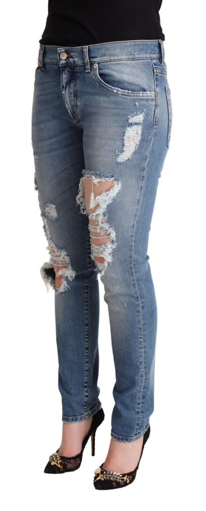 Blue Distressed Cotton Denim Skinny Jeans