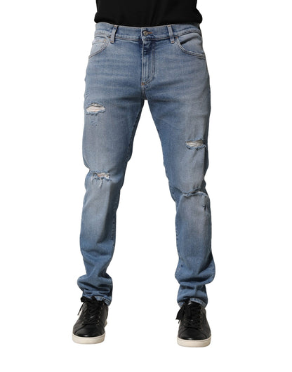 Blue Distressed Cotton Slim Men Denim Jeans-Dolce & Gabbana-LabelTerrace.com