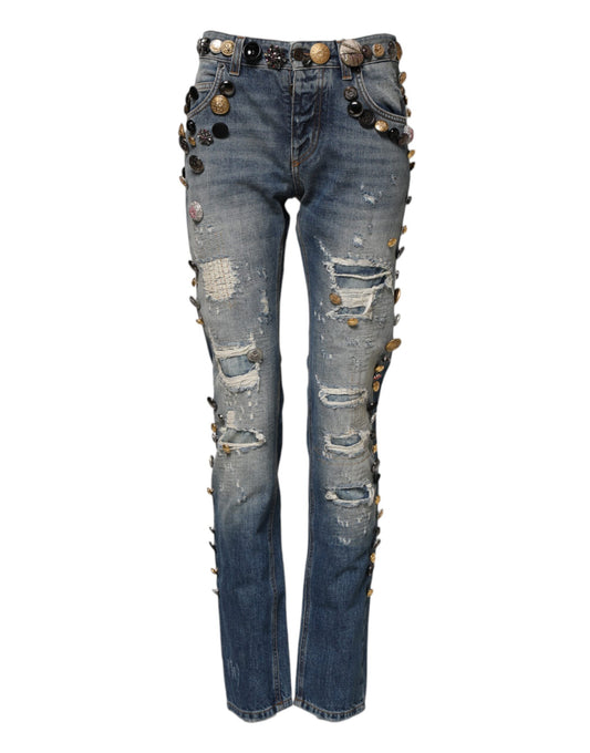 Blue Embellished Tattered SkinnyDenim Jeans-Dolce & Gabbana-LabelTerrace.com