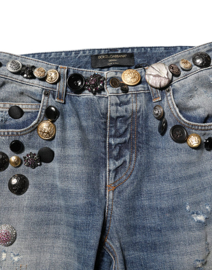 Blue Embellished Tattered SkinnyDenim Jeans-Dolce & Gabbana-LabelTerrace.com