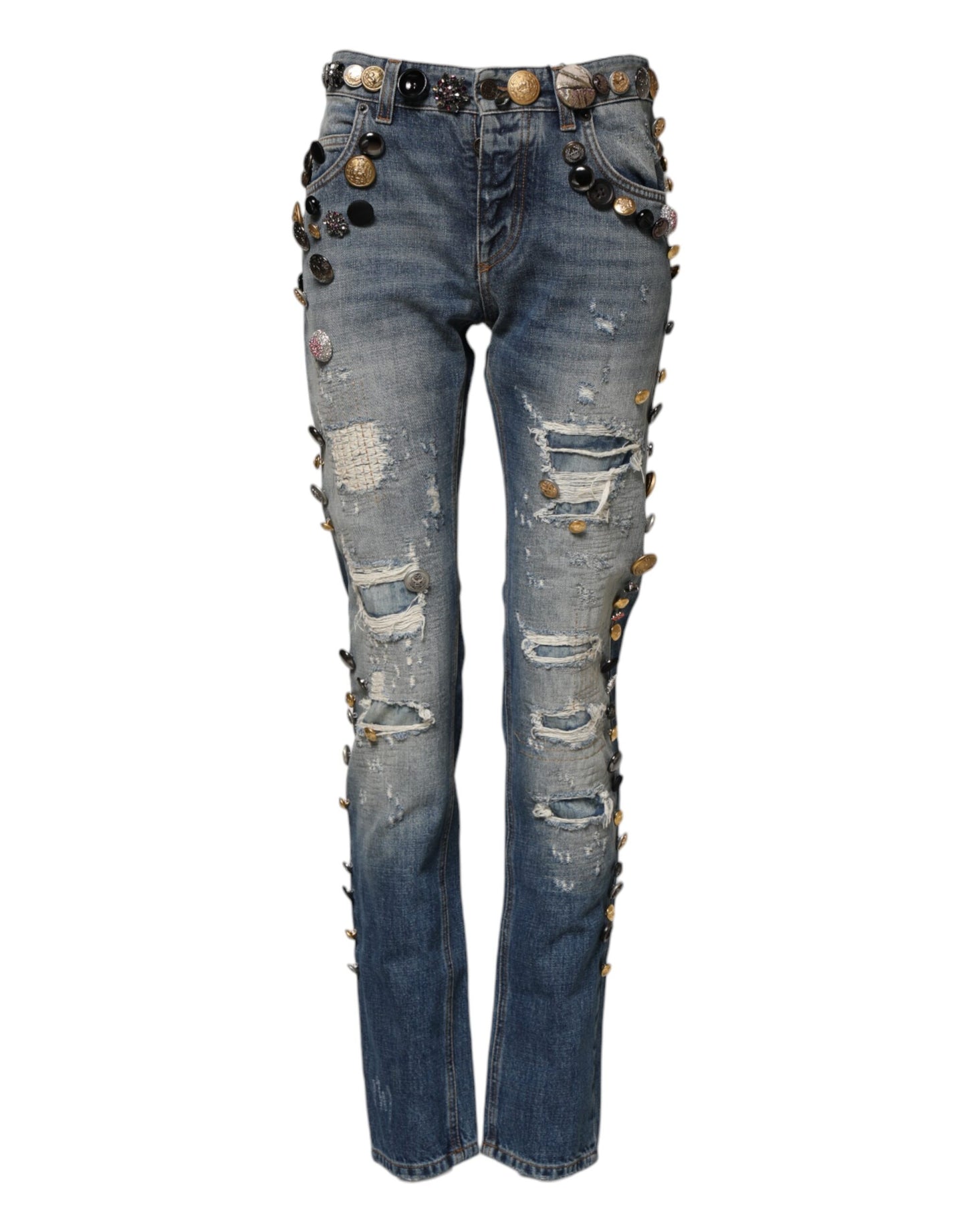 Blue Embellished Tattered SkinnyDenim Jeans-Dolce & Gabbana-LabelTerrace.com