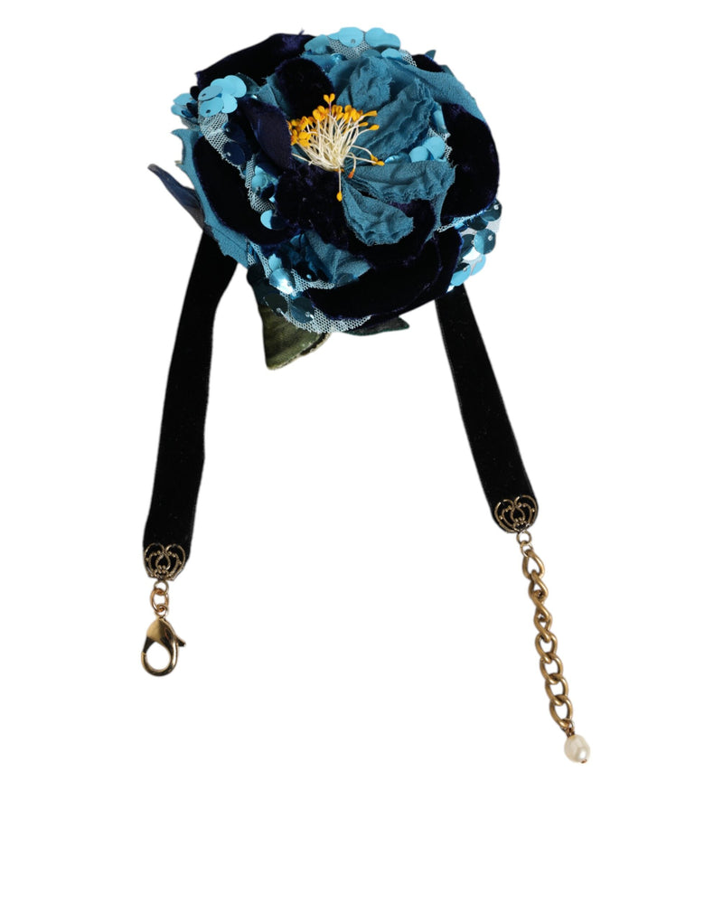 Blue Floral Appliqué Velvet Choker Crystal Beads Necklace-Dolce & Gabbana-LabelTerrace.com
