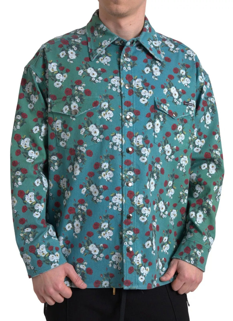 Blue Floral Cotton Button Down Denim Shirt-Dolce & Gabbana-LabelTerrace.com