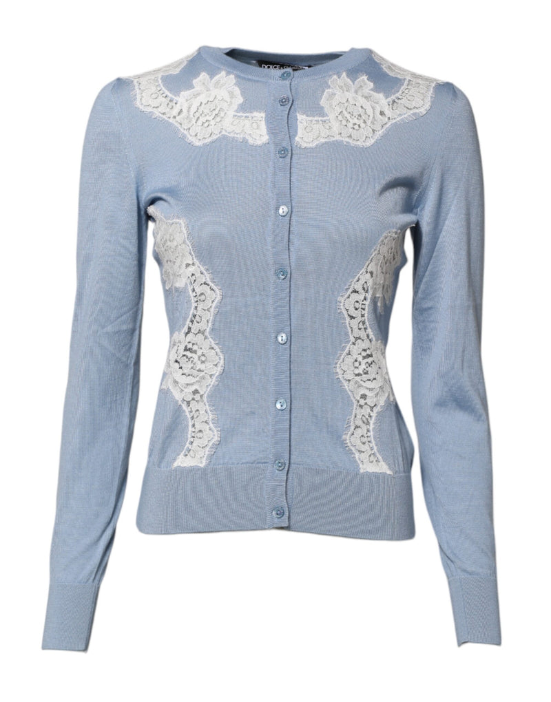 Blue Floral Lace Detailing Cardigan Sweater-Dolce & Gabbana-LabelTerrace.com