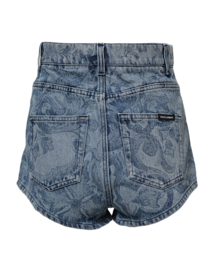 Blue Floral Print Denim Cotton Hot Pants Shorts-Dolce & Gabbana-LabelTerrace.com