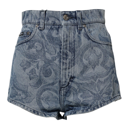 Blue Floral Print Denim Cotton Hot Pants Shorts-Dolce & Gabbana-LabelTerrace.com