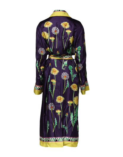 Blue Floral Print Silk Long Sleeves Wrap Robe-Dolce & Gabbana-LabelTerrace.com