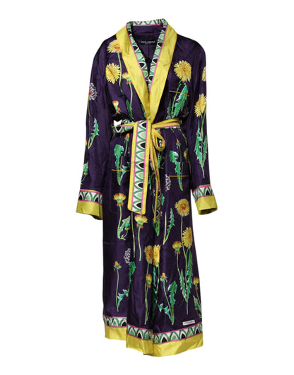 Blue Floral Print Silk Long Sleeves Wrap Robe-Dolce & Gabbana-LabelTerrace.com