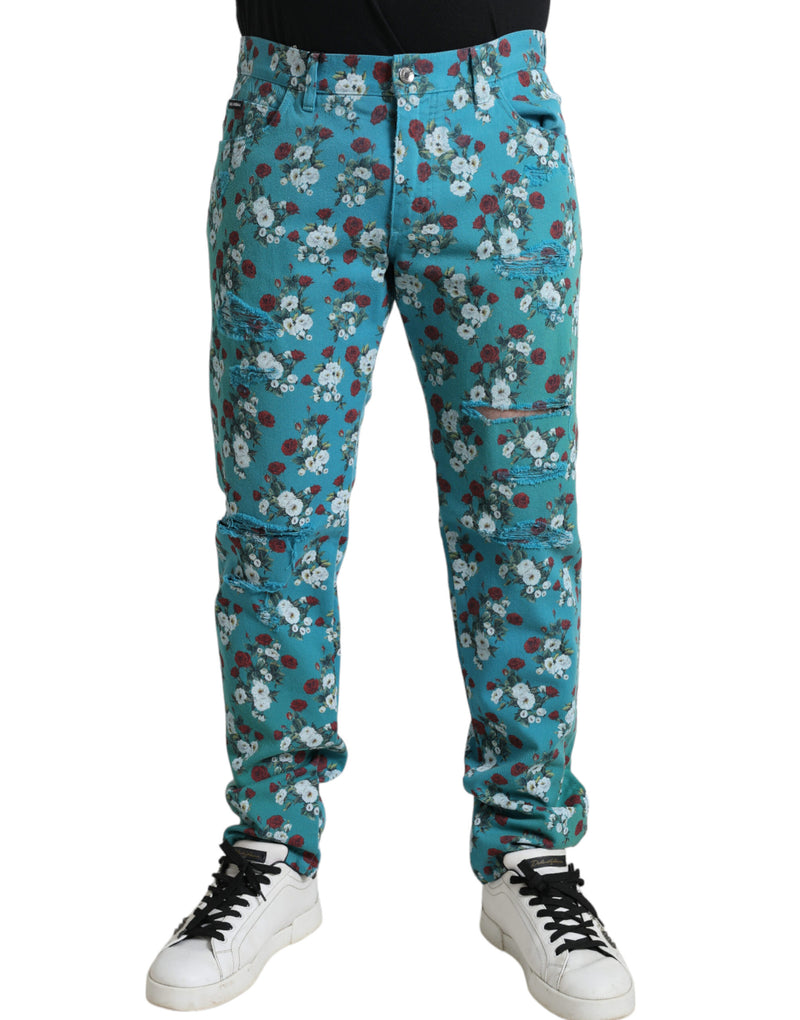 Blue Floral Print Skinny Cotton Denim Pants-Dolce & Gabbana-LabelTerrace.com