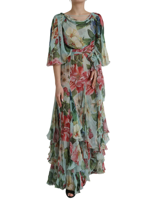 Blue Floral Print Tiered Long Maxi Dress-Dolce & Gabbana-LabelTerrace.com