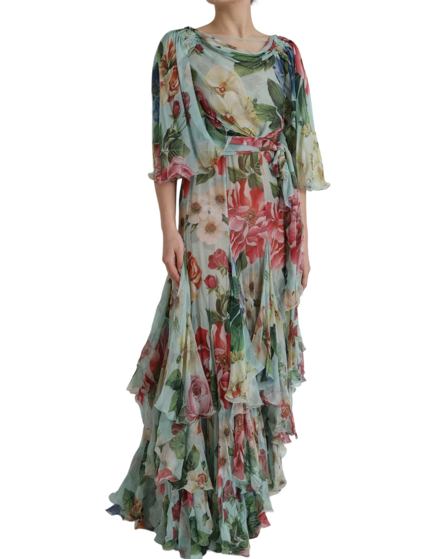 Blue Floral Print Tiered Long Maxi Dress-Dolce & Gabbana-LabelTerrace.com