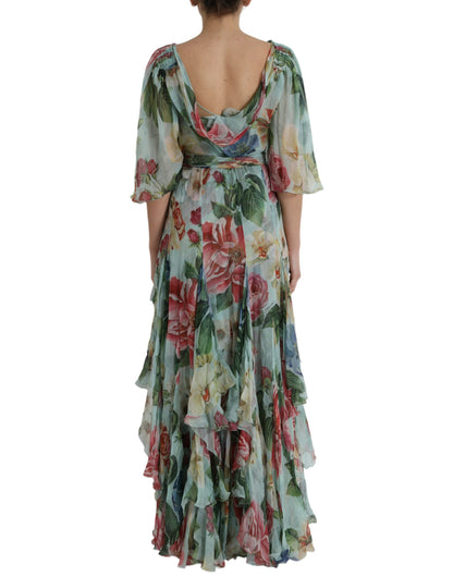Blue Floral Print Tiered Long Maxi Dress-Dolce & Gabbana-LabelTerrace.com