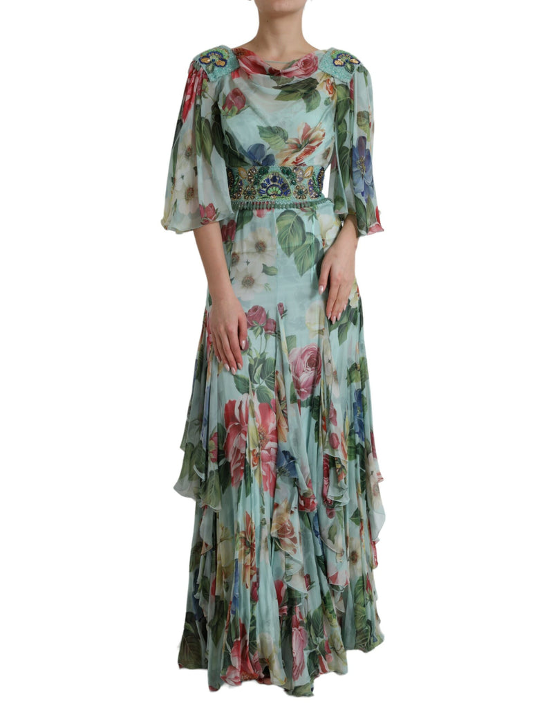 Blue Floral Print Tiered Long Maxi Dress-Dolce & Gabbana-LabelTerrace.com