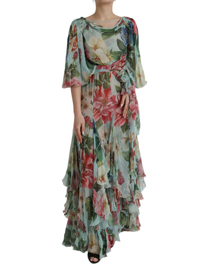 Blue Floral Print Tiered Long Maxi Dress-Dolce & Gabbana-LabelTerrace.com