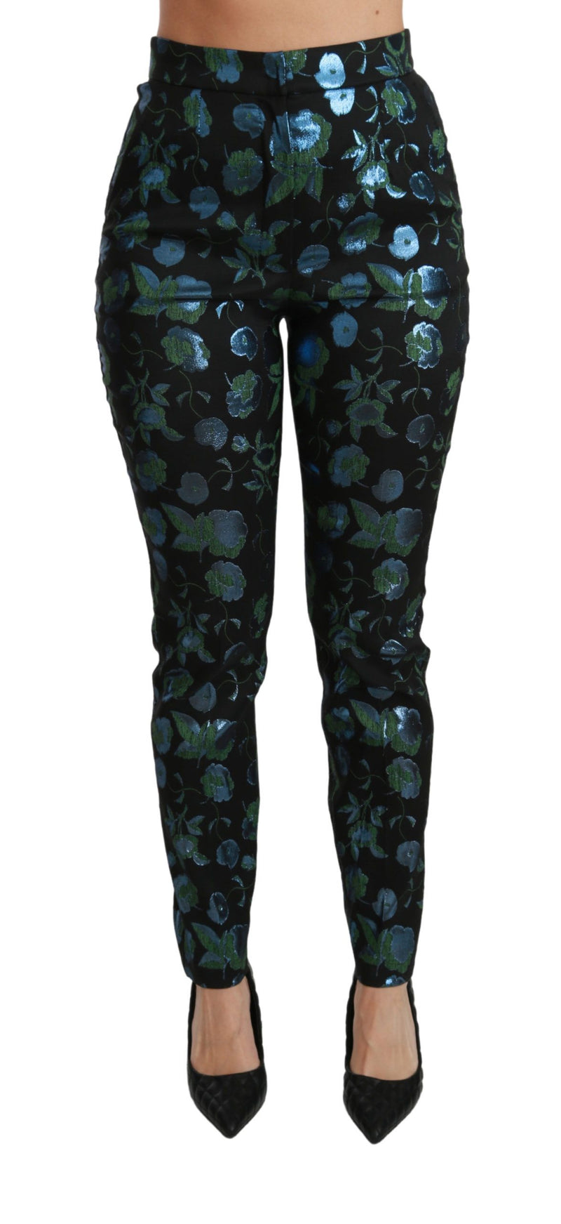 Blue Green Floral Metallic Slim Pants-Dolce & Gabbana-LabelTerrace.com