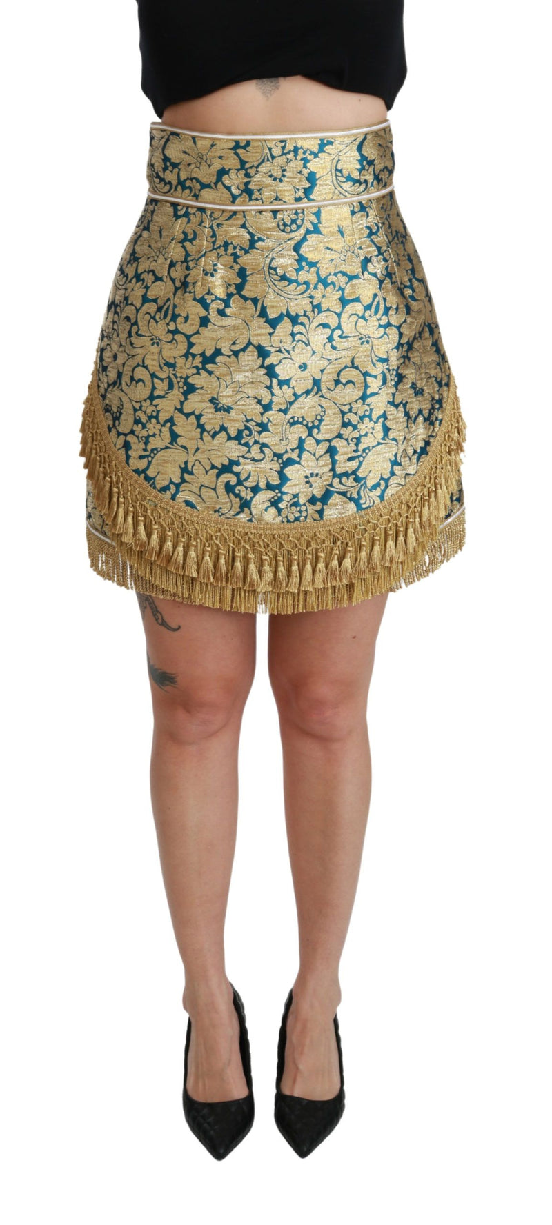 Blue High Waist Jacquard Tassel Gold Skirt-Dolce & Gabbana-LabelTerrace.com