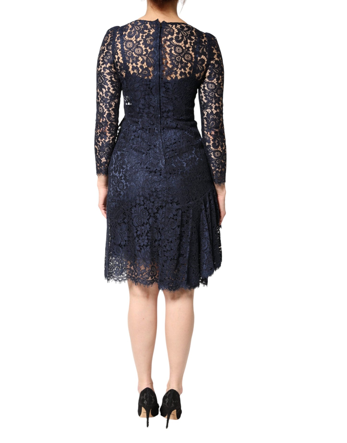 Blue Lace Ruffle A-line Knee Length Dress