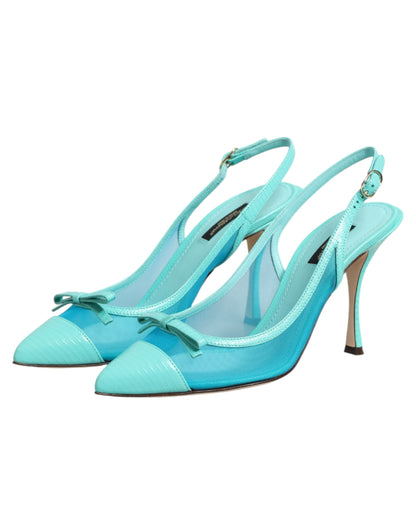 Blue Leather Mesh Heels Slingback Shoes