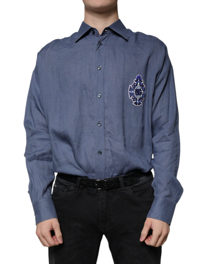 Blue Logo Long Sleeve Button Down Casual Shirt-Dolce & Gabbana-LabelTerrace.com
