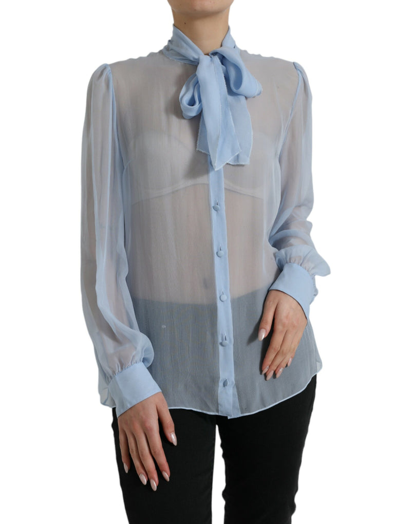 Blue Long Sleeves Ascot Collar Blouse Top-Dolce & Gabbana-LabelTerrace.com