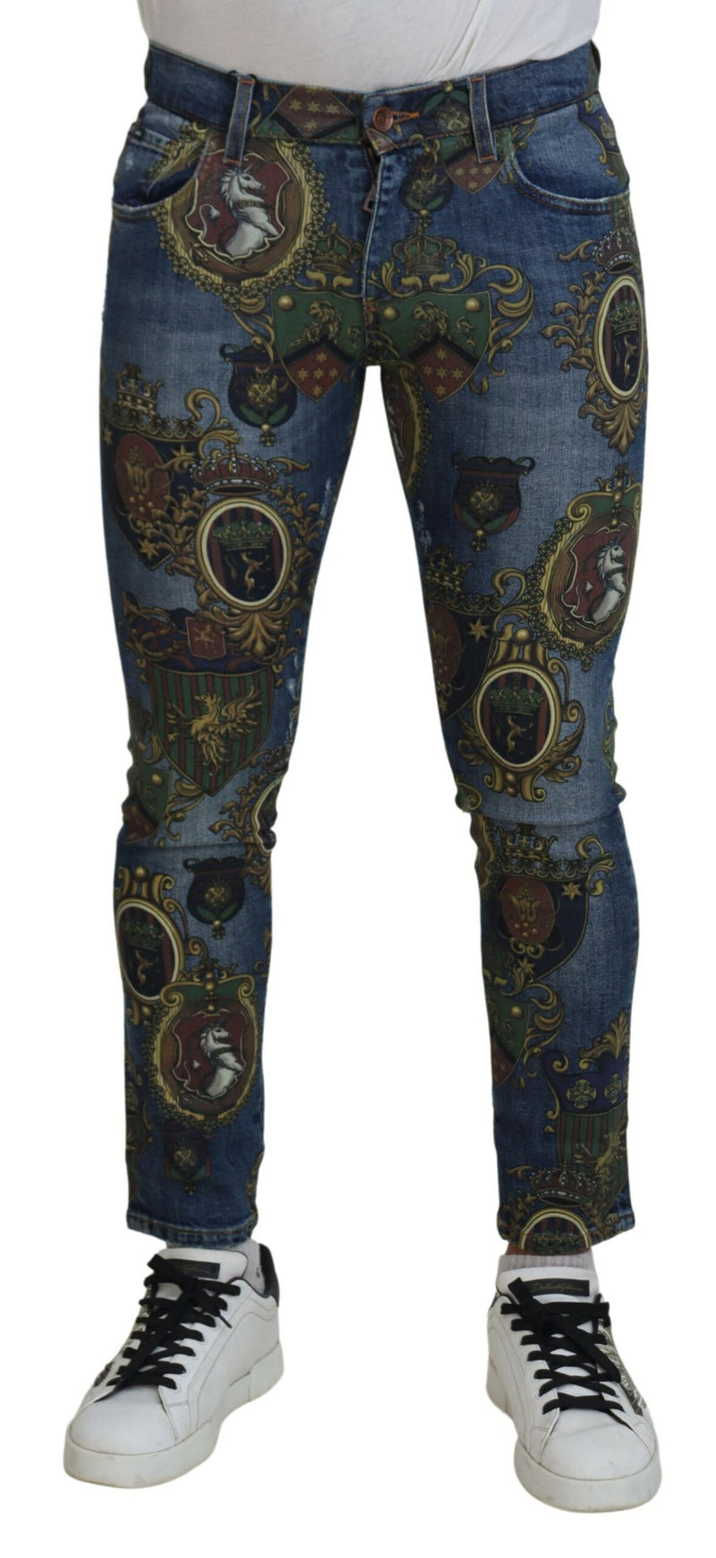 Blue Medal Print Slim Fit Cotton Jeans-Dolce & Gabbana-LabelTerrace.com