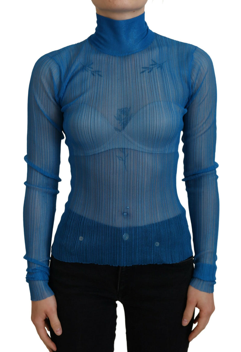 Blue Mesh Turtleneck Long Sleeve Blouse Top-Dolce & Gabbana-LabelTerrace.com