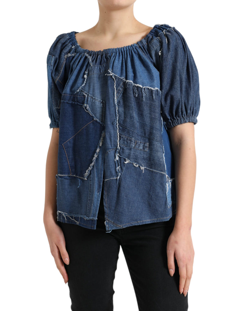 Blue Patchwork Short Sleeves Denim Blouse Top-Dolce & Gabbana-LabelTerrace.com