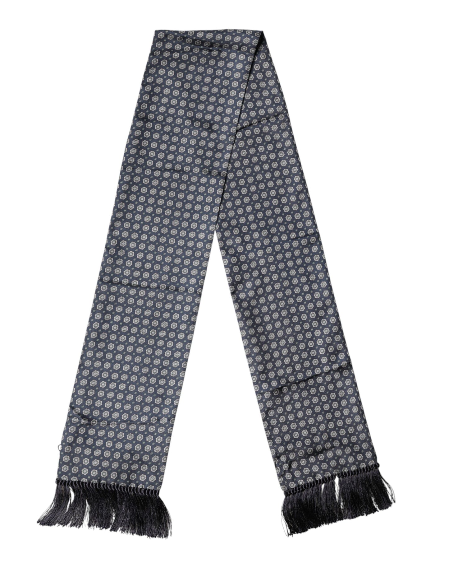 Blue Patterned Silk Fringes Foulard 138cm x 15.5cm Scarf