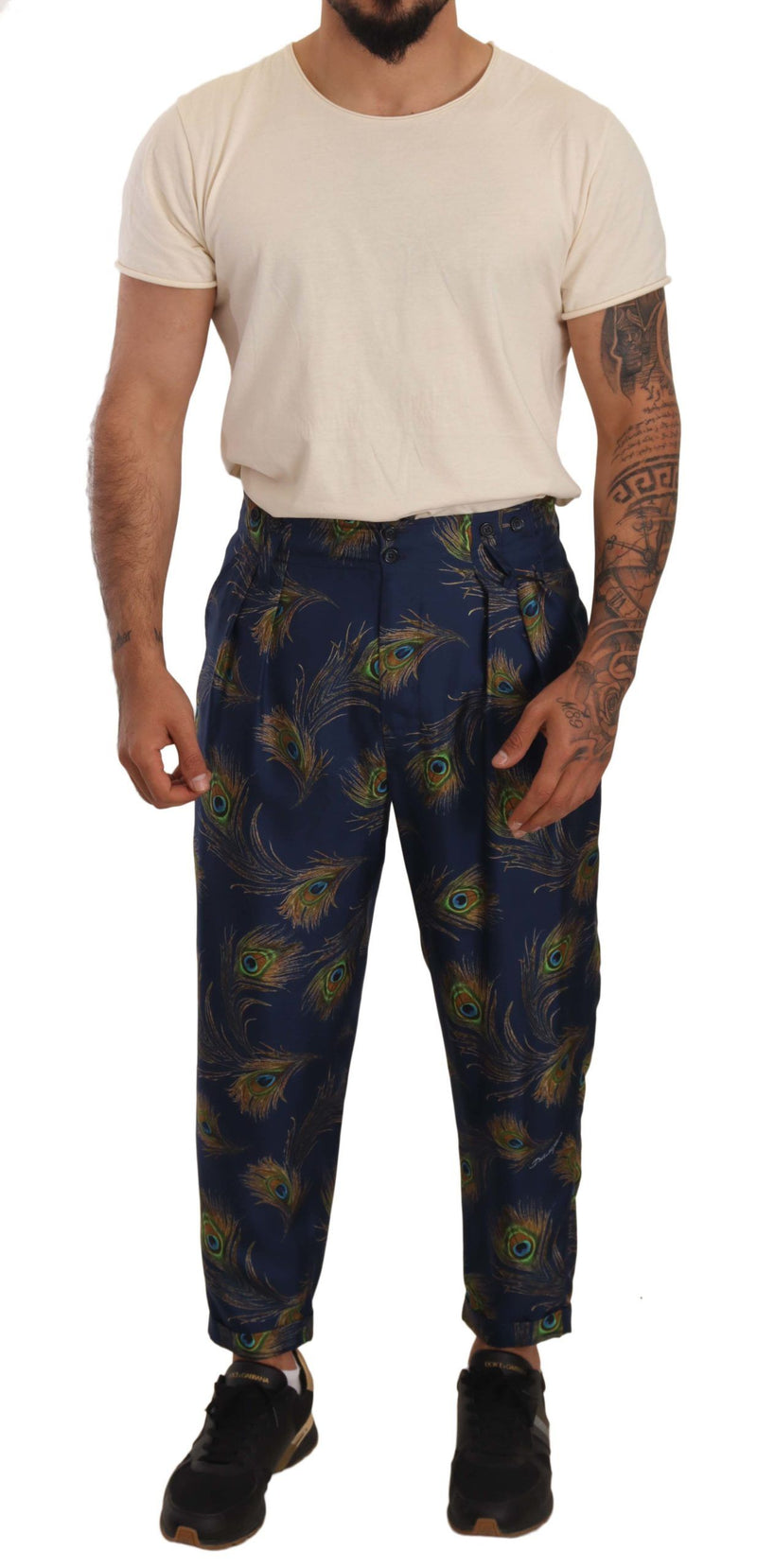 Blue Peacock Print Tapered Trousers Silk Pants-Dolce & Gabbana-LabelTerrace.com