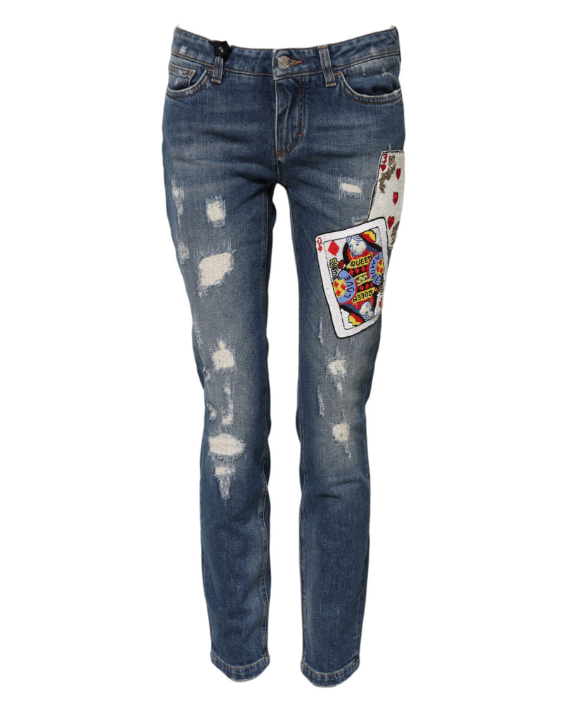Blue Play Card Embroidery Skinny Denim Jeans-Dolce & Gabbana-LabelTerrace.com
